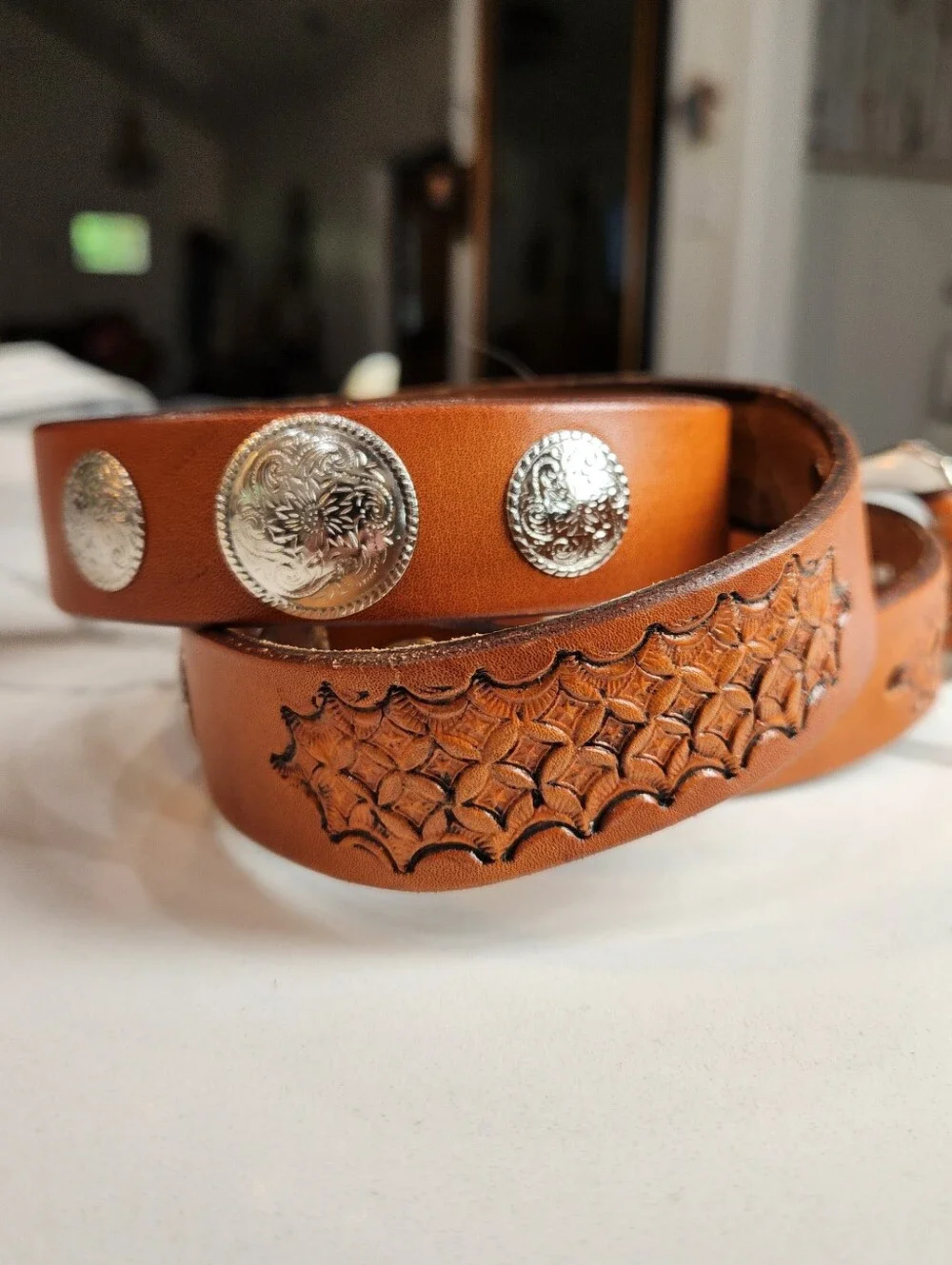 Vintage Size 40 Cuadra Tooled Tan Leather Western Concho Belt